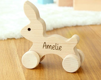 Lapin à pousser en bois avec nom personnalisable, lapin jouet en bois, cadeau de 1er anniversaire, jouet en bois de hêtre, cadeau de Pâques