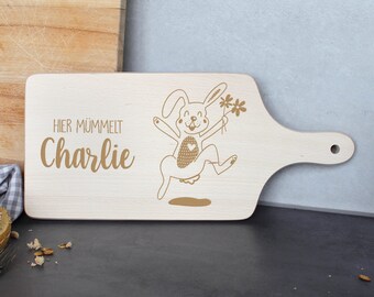 Planche à petit-déjeuner lapin personnalisé en bois, planche à découper enfant, cadeau d'anniversaire, cadeau de Pâques