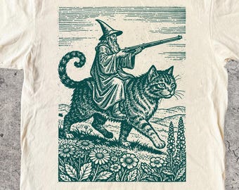 Wizard Shotgun Cat Rider Vintage T-Shirt, Retro Fantasy Graphic Tee, Medieval Sorcerer Shirt, Funny Cat Meme Top, Dark Art Fairycore Gift