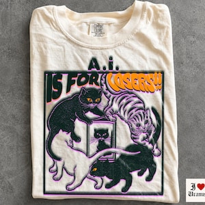 AI är för förlorare-tröja, anti-AI-t-shirt, stöd mänskliga konstnärer-tröja, konstnärer mot AI, feministisk aktivist-protestkatt-tröja, komfortfärger