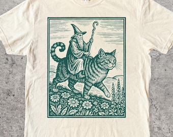Vintage Comfort Colors® Wizard Cat Rider Shirt, Retro Fantasy T-Shirt, Medieval Sorcerer Shirt, Funny Cat Meme Top, Dark Art Fairycore Gift