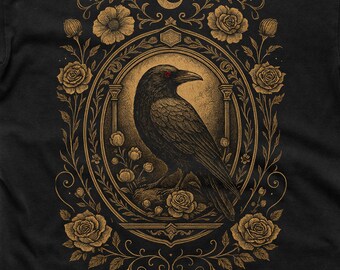 Vintage Gothic Raven T-Shirt, Unisex Tees, Retro Occult Moon Floral T-Shirt