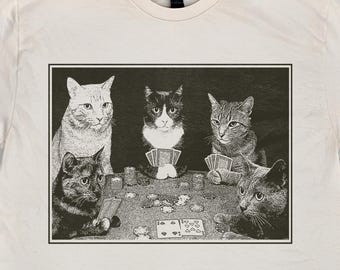 Camiseta retro con meme de gatos jugando al póker, estilo vintage, para amantes de los gatos, regalo para novio, ropa de hombre, estilo urbano, unisex.