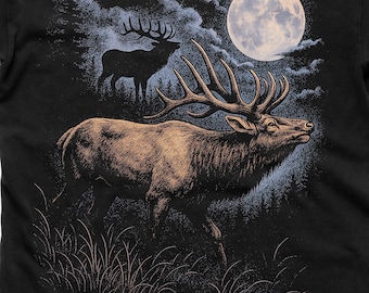 Vintage Elk Shirt, Deer Moon Graphic Tee Shirt, Retro Wildlife Sweater, 90s Nature T Shirt, Forest Animal Hunter Gift T-Shirt