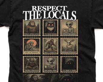 Respect the Locals Cryptid Shirt, Vintage Stamp Mothman Shirt, Sasquatch Bigfoot Gift Alien Wendigo Shirt, Folk Horror Mothman 90s Shirt