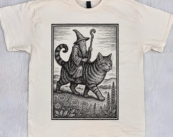 Chemise vintage magicien chat cavalier, t-shirts rétro fantastique, chemise sorcier médiévale, meme chat drôle, cadeau art sombre fairycore, t-shirt unisexe