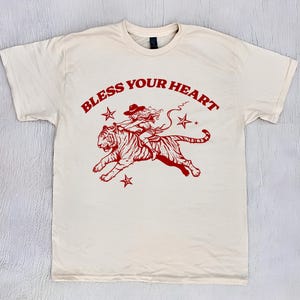 BLESS YOUR HEART Vintage Shirt, Retro 90s Cowboy Cat Shirt, Sheriff Western Graphic T Shirt, Cute Y2k t shirt, Cowgirl Riding Tiger Shirt