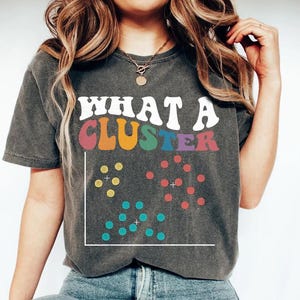 Puede incluir: Una camiseta gris oscuro con el texto "WHAT A CLUSTER" en blanco con letras de colores arcoíris. La camiseta también presenta una gráfica con tres grupos de puntos de diferentes colores.
