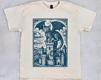 Dragon Cat, Unisex T Shirt, Medieval Cat Shirt, 90s Tattoo, Retro Dark Academia Y2k Shirt, Dreamy Abstract Art, Dragon Kitten Lovers Gift