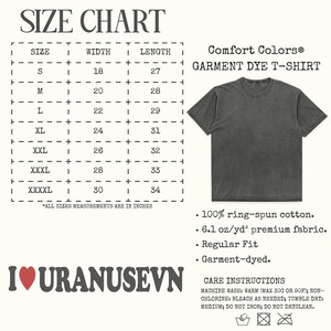 May include: A dark gray Comfort Colors garment dye t-shirt with a size chart showing measurements in inches. The shirt is made of 100% ring-spun cotton and has a regular fit. Care instructions are also included.