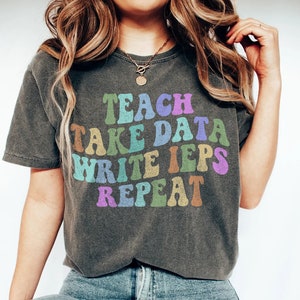 Könnte beinhalten: Ein dunkelgraues T-Shirt mit dem Text "TEACH TAKE DATA WRITE IEPs REPEAT" in Regenbogenfarben.