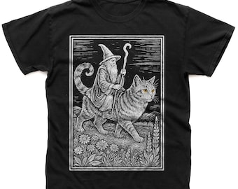 Chemise vintage Wizard Cat Rider, T-shirt rétro fantastique, chemise de sorcier médiéval, chemise drôle de chat meme, cadeau art sombre fairycore, chemise unisexe