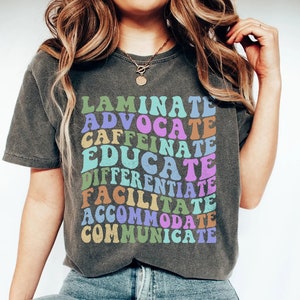 Laminate Advocate Caffeinate Educate Differentiate Facilitate Shirt Gift For Sped Teacher, Special Education Retro Groovy Shirt