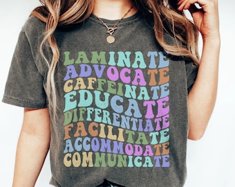 Laminate Advocate Caffeinate Educate Differenziate Facilitate Shirt Gift For Sped Teacher, Special Education Retro Groovy Shirt