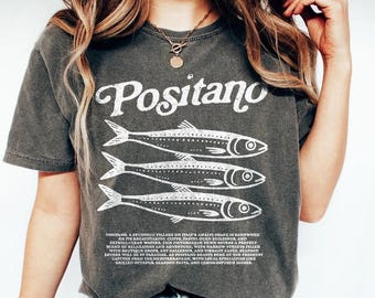 Positano-skjorta, Amalfikustskjorta, Italiensk skjorta, fisk-t-shirt, semesterskjorta, reseskjorta, vintage-estetik, retro 90-tals-t-shirt, italiensk skjorta