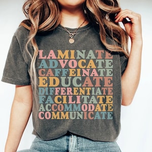 Laminate Advocate Caffeinate Educate Differentiate Facilitate Shirt Gift For Sped Teacher, Special Education Retro Groovy Shirt