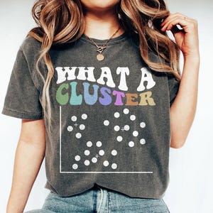 Puede incluir: Camiseta gris oscuro con la frase "WHAT A CLUSTER" en letras coloridas de estilo retro. Debajo del texto hay un gráfico blanco con puntos blancos dispersos y signos más. La camiseta la lleva una persona.