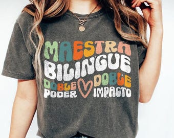 Camiseta Maestra Bilingüe Doble Poder Doble Impacto, Camiseta Maestra Bilingüe, Camiseta Latina Regalos para Maestras de Español Camiseta Maestra Camiseta Spanglish