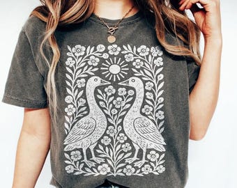 Two Goose Vintage Style Shirt, Unisex Shirt, Floral Boho Apparel - Folk Art Shirt - Nature Lover - Aesthetic Tee, Goose Flower Vintage Shirt