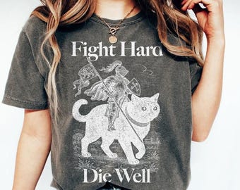 Vecht hard die goed, shirt middeleeuwse ridder, Knight Cat Rider, grappig middeleeuws shirt, vintage feministisch esthetisch T-shirt, middeleeuws meme-shirt