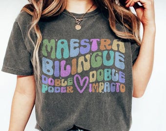 Camiseta Maestra Bilingüe Doble Poder Doble Impacto, Camiseta de Maestra Bilingüe, Camiseta Latina Regalos para Maestras de Español Camiseta de Maestra Camiseta Spanglish
