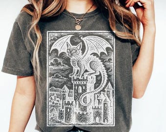Dragon Cat, Unisex T Shirt, Medieval Cat Shirt, 90s Tattoo, Retro Dark Academia Y2k Shirt, Dreamy Abstract Art, Dragon Kitten Lovers Gift