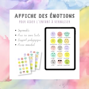 Op de afbeelding: Een printable poster met een kleurrijk ontwerp met verschillende gezichtsuitdrukkingen en bijbehorende Franse zinnen die emoties beschrijven. De poster heeft de titel "Affiche des émotions" en bevat de tekst "Pour aider l'enfant à verbaliser".