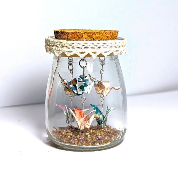 Bocal verre origami petite volière, grues en papier japonais, fleurs séchées, cabinet de curiosités, décoration cadeau original et unique