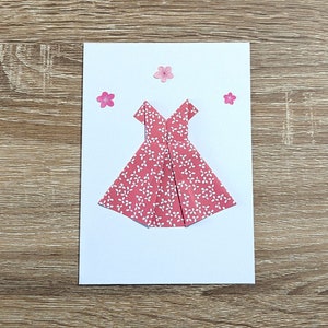 Carte de Vœux robe origami et fleurs toutes occasions, baptême, anniversaire, fille femme, papier japonais, enveloppe A6