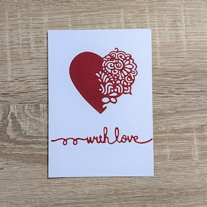 Carte d'amour, with love, couple, saint valentin, anniversaire de mariage, cœur rouge papier, kirigami, enveloppe a6