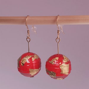 Earrings in gold filled 14 carat and pearl in round paper, collection &quot;planet&quot; red and gold, gift woman, creation, original