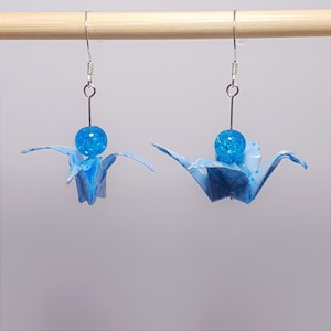 Earrings origami silver 925 blue crane, gift woman, Japanese art, creation
