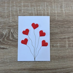 Carte d'amour, ballons cœurs origami, couple, saint valentin, anniversaire de mariage, cœur rouge papier, enveloppe a6
