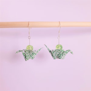 Earrings origami silver 925 green crane, gift woman, japanese art, creation