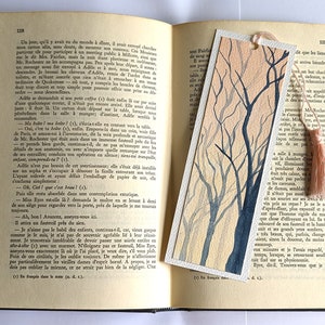 Handgemaltes Aquarell-Lesezeichen Winterbäume mit Pompon, Lachshimmel, Landschaft, Lesezeichen, originales Unikatgemälde