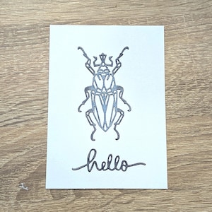 Carte de vœux scarabée aquarelle métallique, insecte, Hello , anniversaire, enfant adulte homme femme, baptême, enveloppe A6