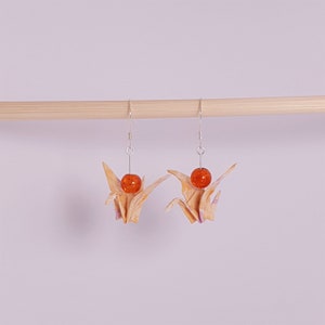 Origami earrings silver 925 orange crane, gift woman, Japanese art, creation