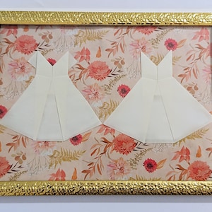 Origami wedding couple painting, two women, wedding gift, wedding anniversary, wedding dress, original, floral, gold frame