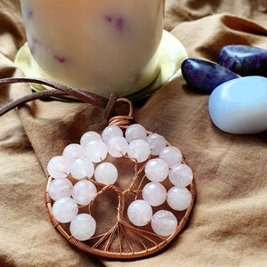 Crystal Tree of Life Necklace, Rose Quartz Gemstone Pendant, Chakra Healing, Copper Wire Jewelry