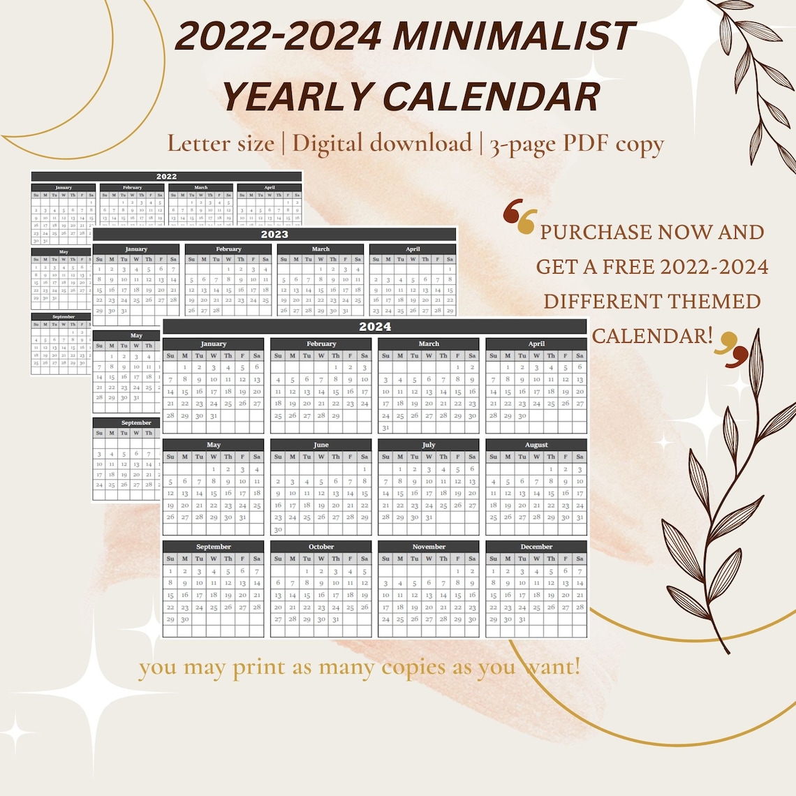 2022-2024 Minimalist Printable Calendar Digital Download - Etsy Hong Kong