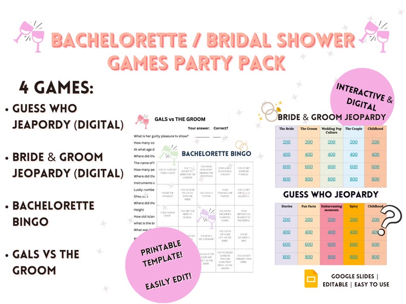 BACHELORETTE GAMES, bridal shower, digital games, hen party, drinking games, girls night, digital jeopardy, bingo, bride and groom games image 1