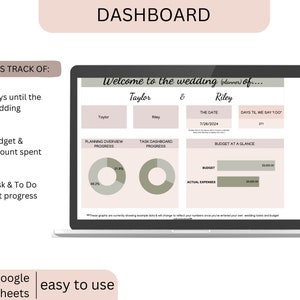 May include: A laptop screen displays a wedding planner dashboard. The dashboard includes sections for planning progress, budget, and task management. Text on the screen reads "Welcome to the wedding (planner) of..." and "Taylor & Riley". The screen also shows the date and days until the wedding.