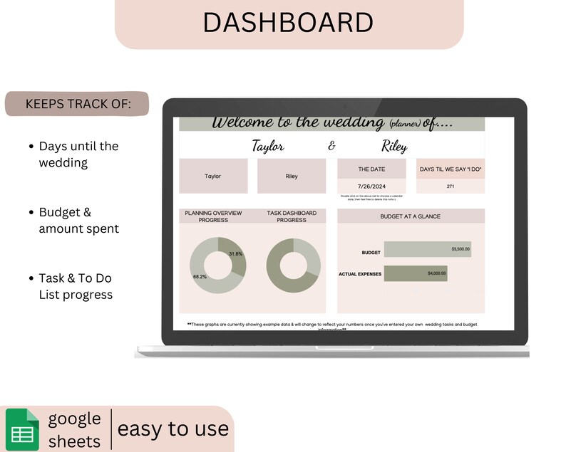 May include: A laptop screen displays a wedding planner dashboard. The dashboard includes sections for planning progress, budget, and task management. Text on the screen reads "Welcome to the wedding (planner) of..." and "Taylor & Riley". The screen also shows the date and days until the wedding.