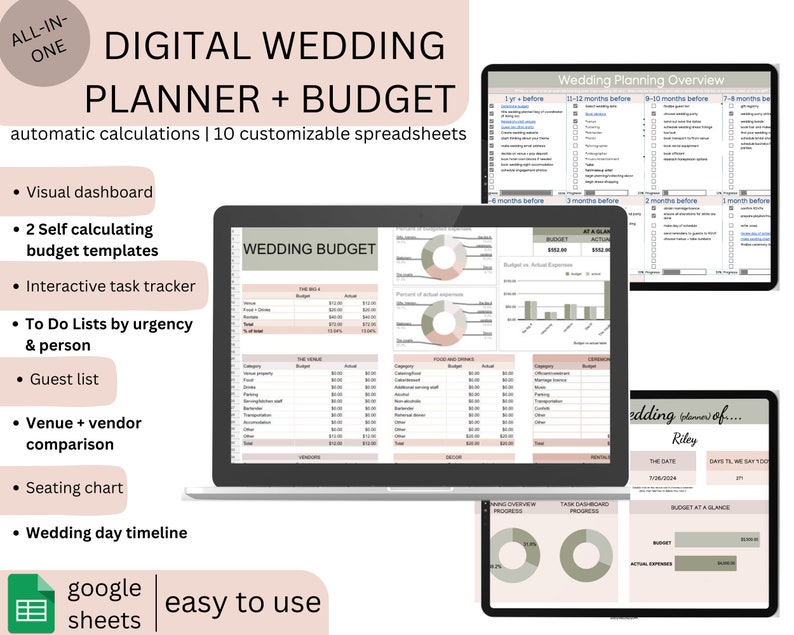May include: A digital wedding planner and budget spreadsheet displayed on a laptop, with additional screens showing planning overviews and budget details. Features include a visual dashboard, interactive task tracker, and guest list. The planner is easy to use.