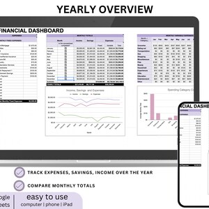 May include: A computer screen displaying a spreadsheet with a yearly overview of income, savings, and expenses. The spreadsheet is divided into monthly totals and includes a line graph showing the trends over the year. The screen is labeled "Yearly Overview" and "Financial Dashboard". The text "Track expenses, savings, income over the year" and "Compare monthly totals" is visible below the screen. A mobile phone displaying a similar spreadsheet is shown in the lower right corner.