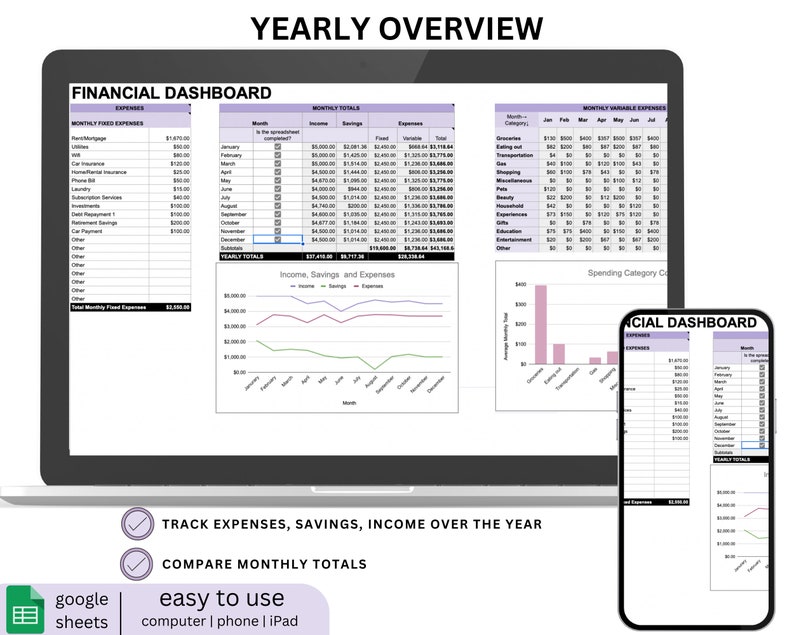 May include: A computer screen displaying a spreadsheet with a yearly overview of income, savings, and expenses. The spreadsheet is divided into monthly totals and includes a line graph showing the trends over the year. The screen is labeled "Yearly Overview" and "Financial Dashboard". The text "Track expenses, savings, income over the year" and "Compare monthly totals" is visible below the screen. A mobile phone displaying a similar spreadsheet is shown in the lower right corner.