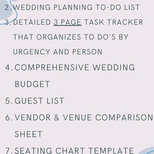 May include: Text on a light purple background lists wedding planning templates. Includes a dashboard, to-do list, task tracker, budget, guest list, vendor comparison sheet, seating chart, and wedding day schedule.