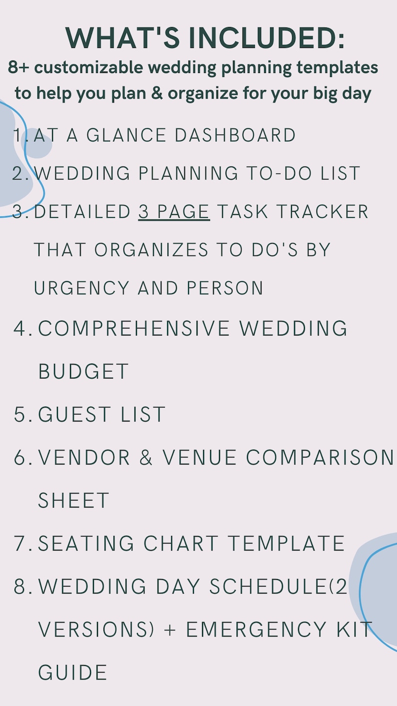 May include: Text on a light purple background lists wedding planning templates. Includes a dashboard, to-do list, task tracker, budget, guest list, vendor comparison sheet, seating chart, and wedding day schedule.