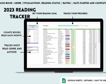 2023 reading spreadsheet | digital reading log, reading tracker, book log, book tracker, digital bookshelf