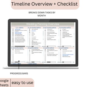 May include: A laptop screen displaying a wedding planning overview in a spreadsheet format. The screen shows a timeline with tasks broken down by month, with progress bars and the text "Timeline Overview + Checklist". The bottom left corner says "google sheets easy to use".